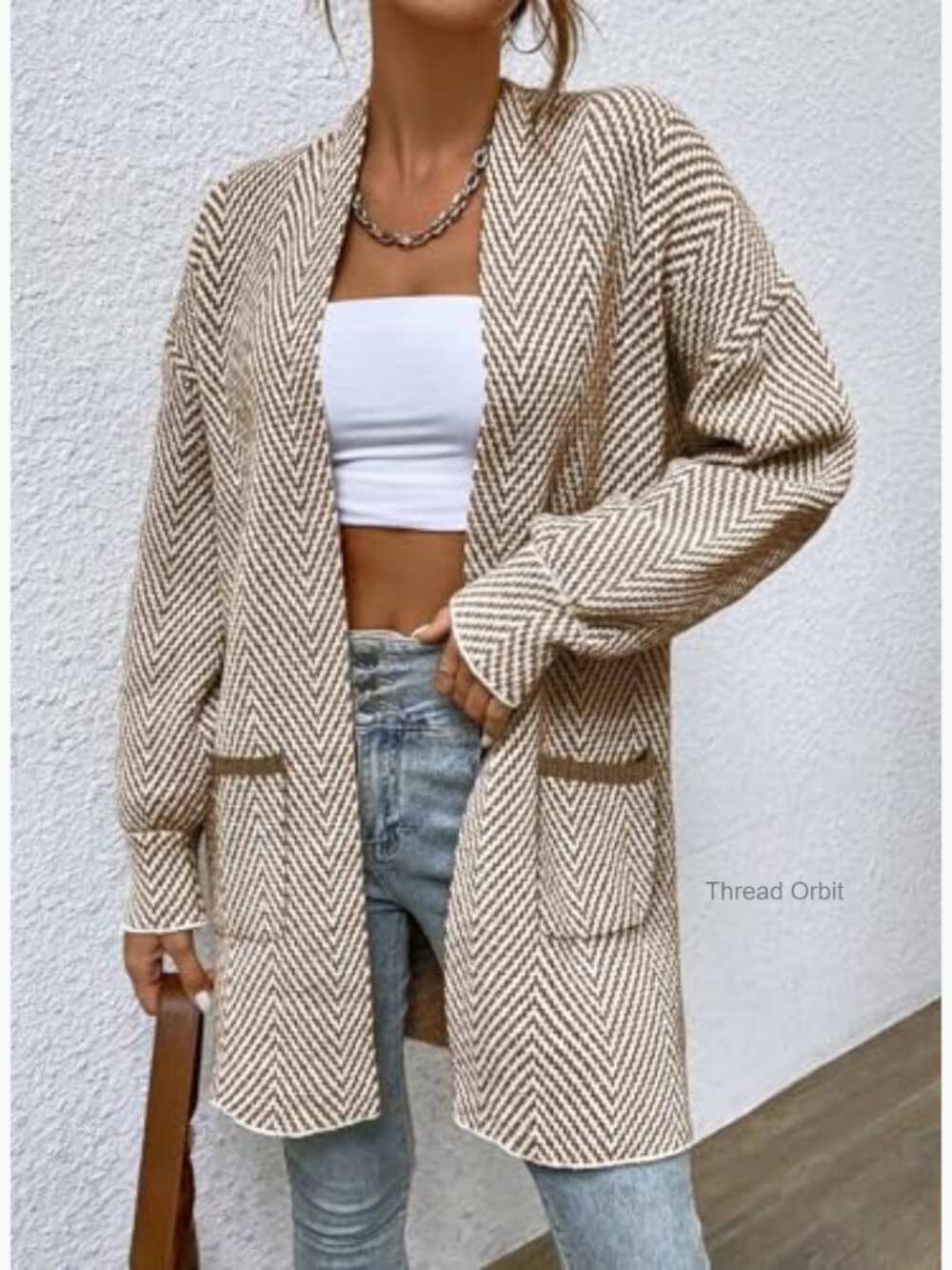 Chunky Knit Open Front Cardigan Sweater Coat Long Sleeve Striped Chevron - Picture 4 of 7